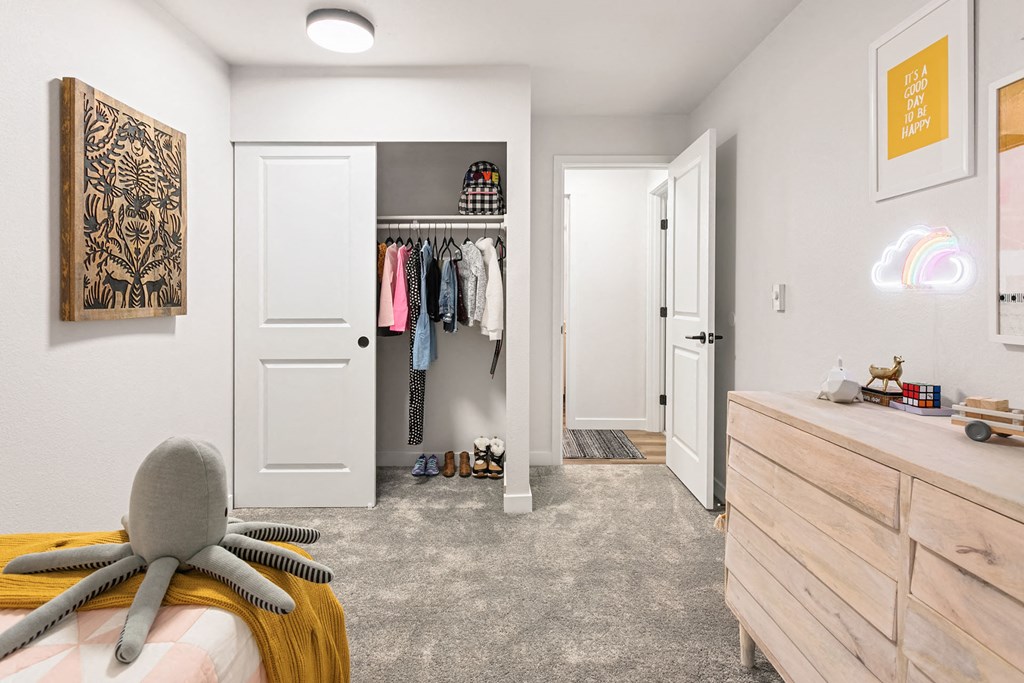 a bedroom with a closet and a bed and a dresser