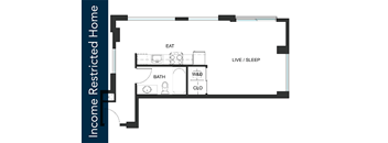 A floor plan of a restricted income home with a living room, dining room, kitchen, bathroom, and bedroom.