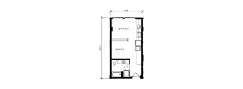 A floor plan of a room with dimensions and furniture layout.