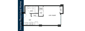A floor plan of an Income Restricted Home with a living room, dining room, kitchen, bathroom, and bedroom.