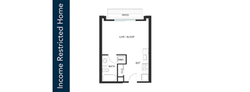 A floor plan of an Income Restricted Home with a living area, bedroom, bathroom, and kitchen.