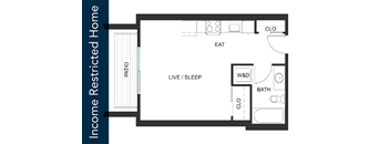 A floor plan of an Income Restricted Home with a living area, kitchen, bathroom, and bedroom.