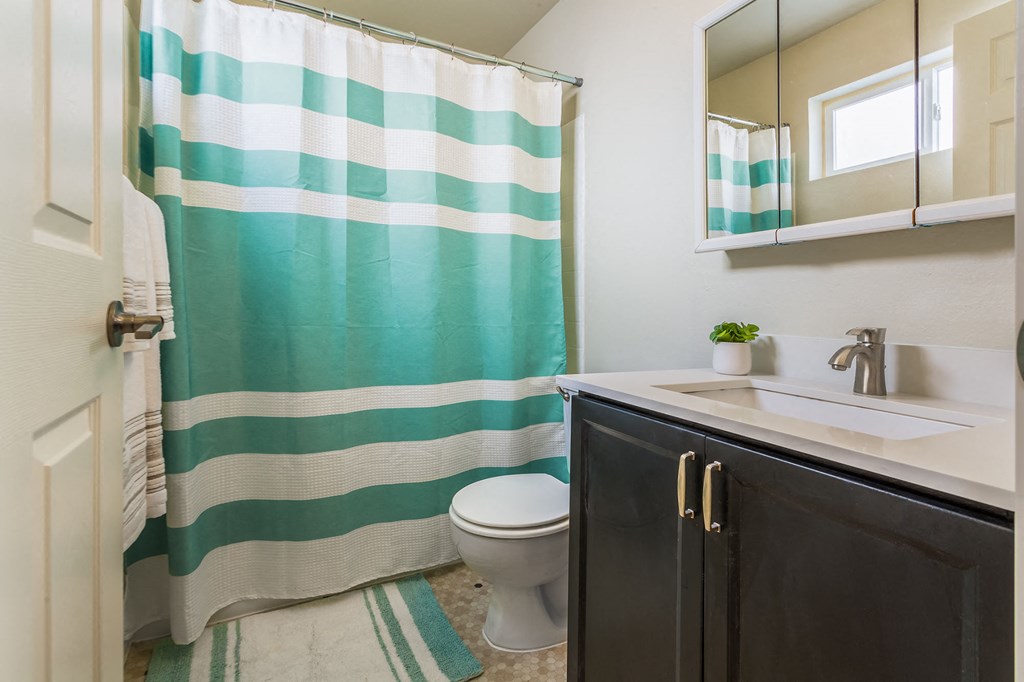 a bathroom with a green and white shower curtain and a sink