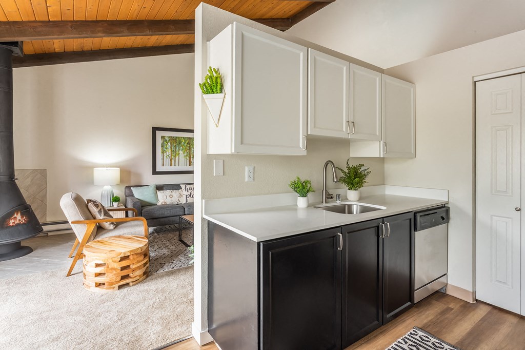 a kitchen with a sink and a living room with a couch