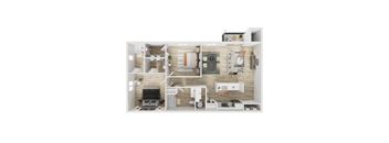 A top-down view of a small apartment layout with a kitchen, living room, and bedroom.