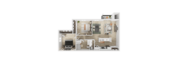 A floor plan of a small apartment with a kitchen, living room, and bathroom.