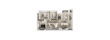 A 3D floor plan of a house with a kitchen, living room, and bedrooms.