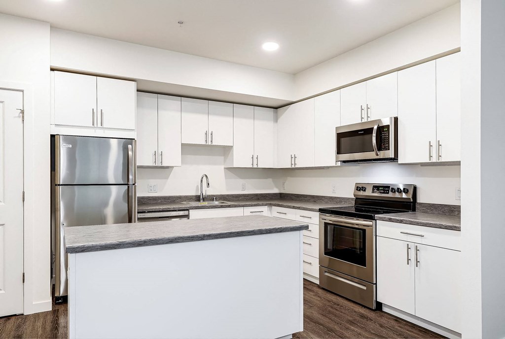 A modern kitchen with white cabinets and stainless steel appliances.