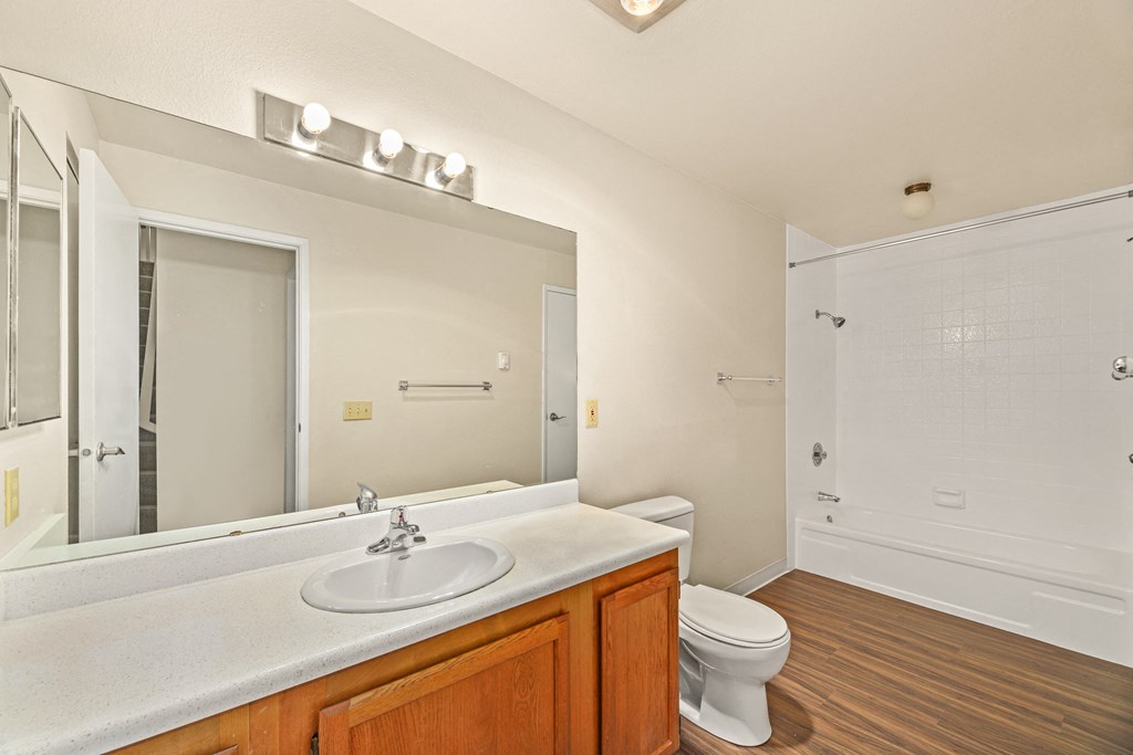 a bathroom with a mirror and a toilet and a sink