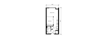 A floor plan of a room with dimensions and furniture layout.