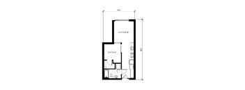 A black and white floor plan of a house with a kitchen, living room, and bathroom.