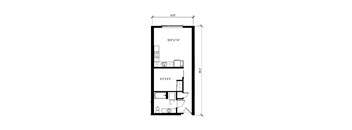 A black and white floor plan of a kitchen with a sink, stove, and refrigerator.