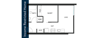 A floor plan of a restricted home with a sleeping area, a living area, a bathroom, and a kitchen.