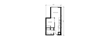 A floor plan of a room with dimensions and furniture layout.