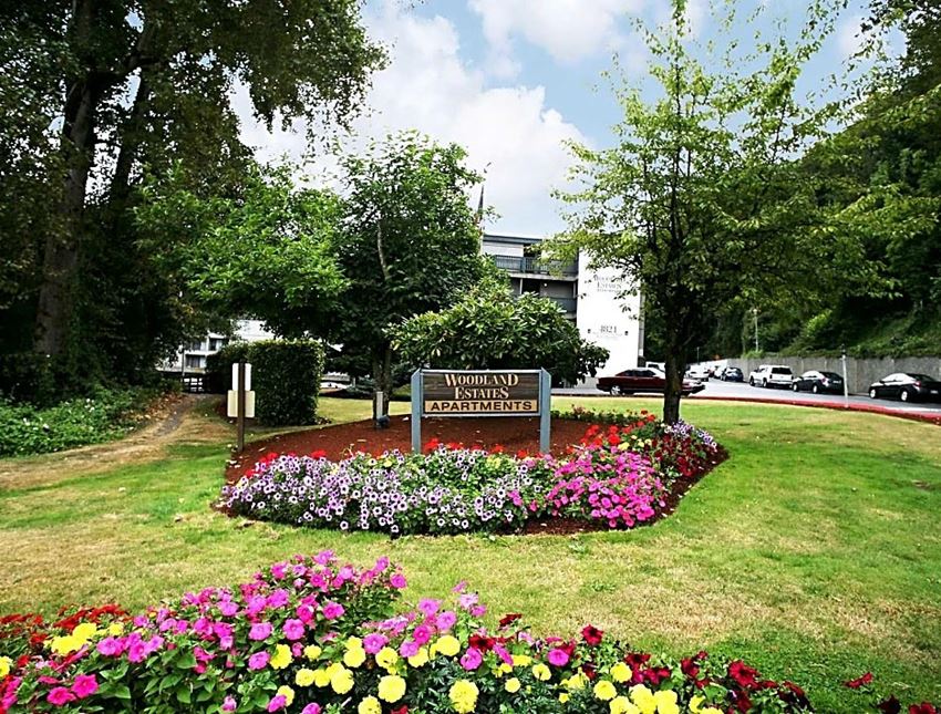 a garden of flowers in front of a sign