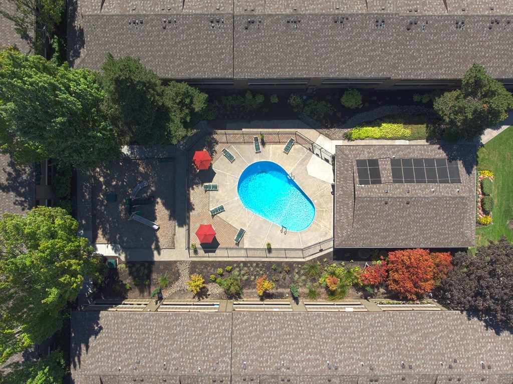 an aerial view of a swimming pool in the backyard of a house