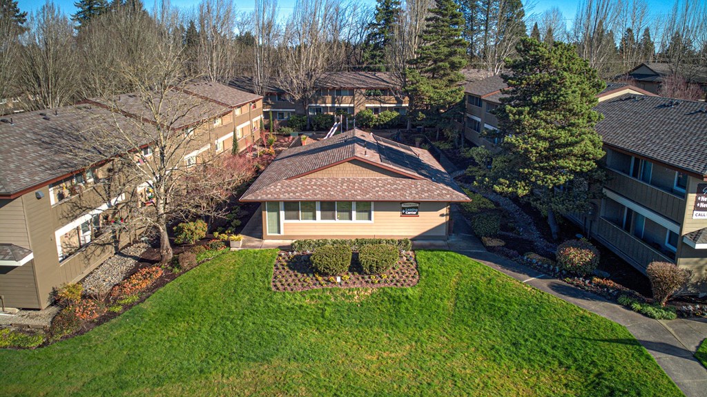 a view from above of a house with a yard and trees