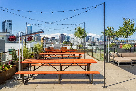picnic benches line the rooftop patio.