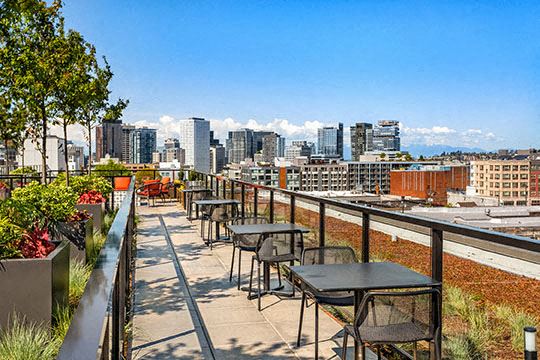 seating at the rooftop pub overlooking Seattle
