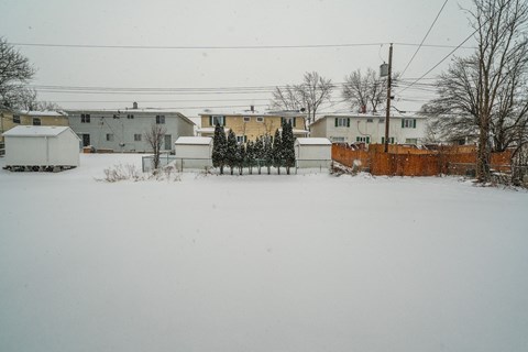 A snowy landscape with houses and trees in the background.