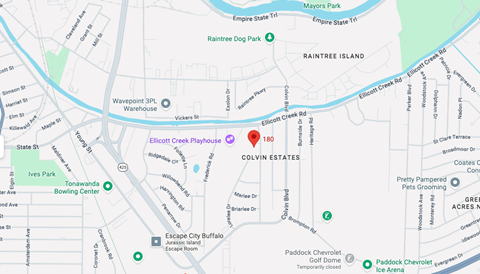 A map shows a red marker on a playhouse in the middle of the map.