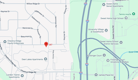 A map shows a red pin at the intersection of Chestnut Ridge and Northeast Way.