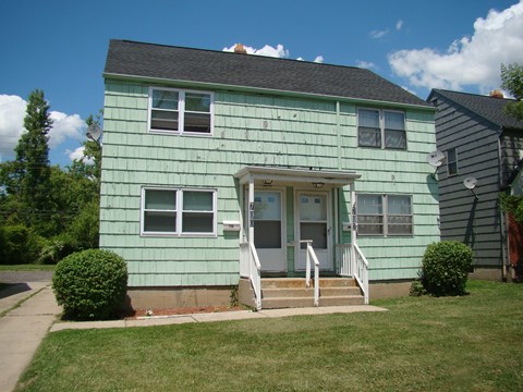 A green house with a white door and windows.