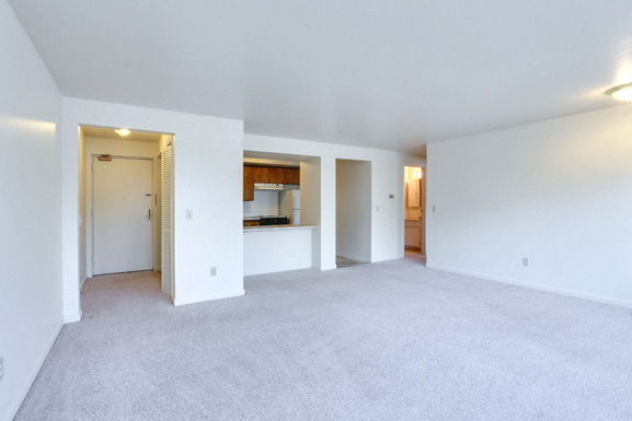 A spacious room with white walls and carpeted floor.
