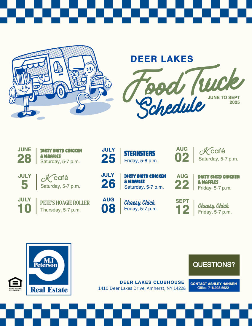 A food truck schedule for Deer Lakes Clubhouse from June to September 2025.