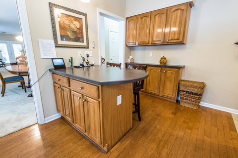 A kitchen with wooden cabinets and a painting on the wall.