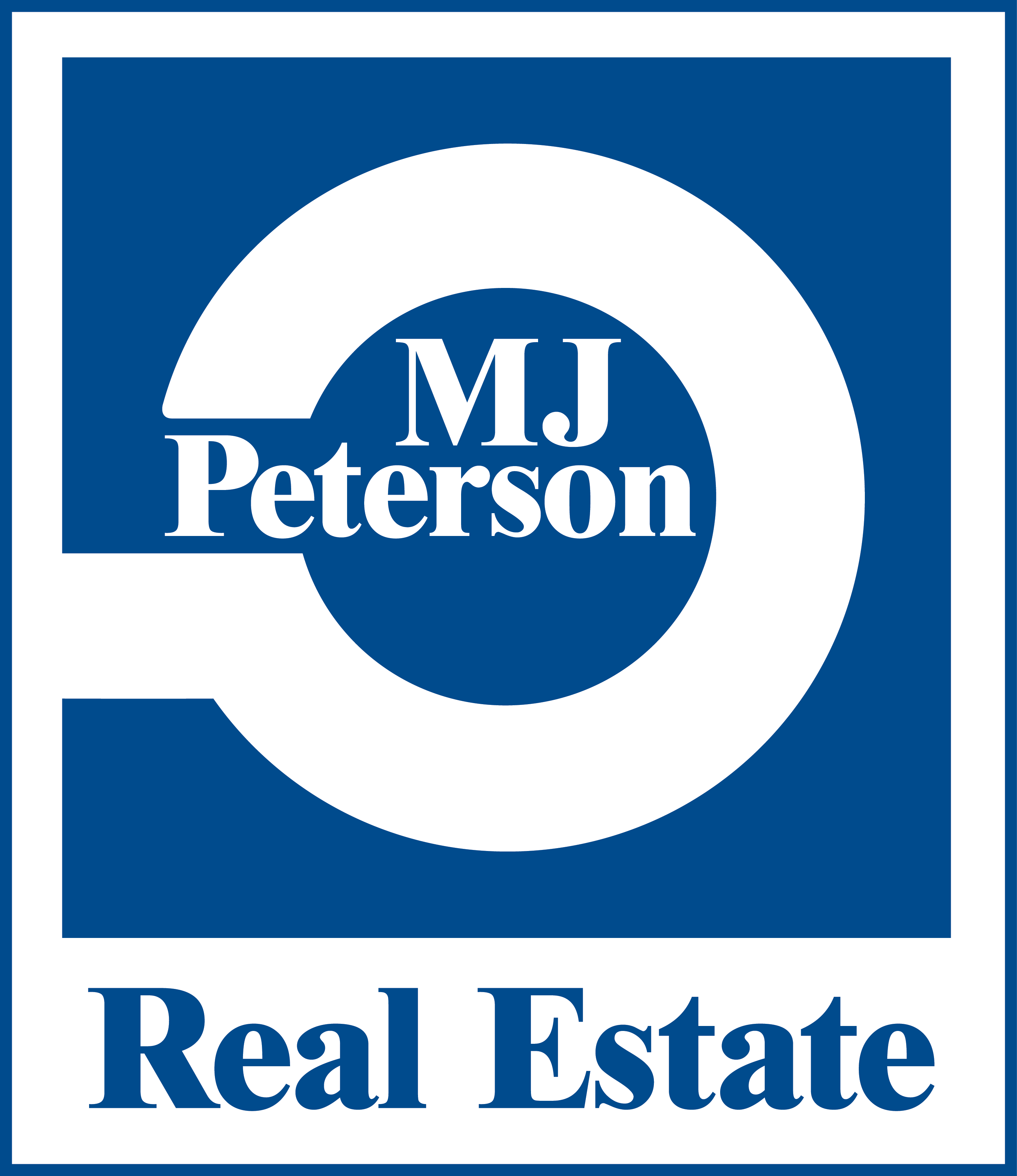 A blue and white logo for MJ Peterson Real Estate.