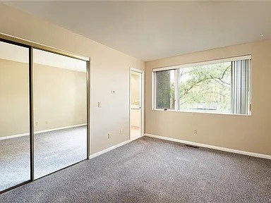 A room with a carpeted floor, a sliding glass door, and a window with blinds.