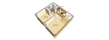 A diagram of a small house layout with a living room, bedroom, and kitchen.
