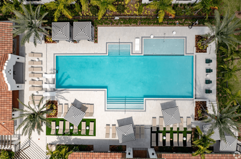 arial view of a swimming pool with striped lounge chairs and palm trees