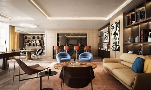 A modern living room with a fireplace and a variety of seating options.