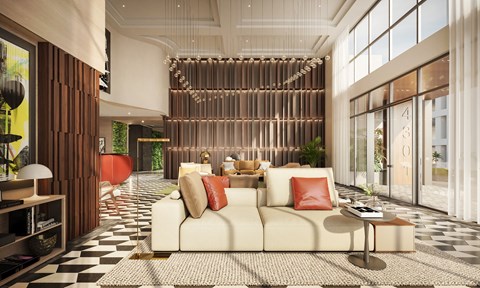A modern living room with a white sofa and a black and white checkered floor.