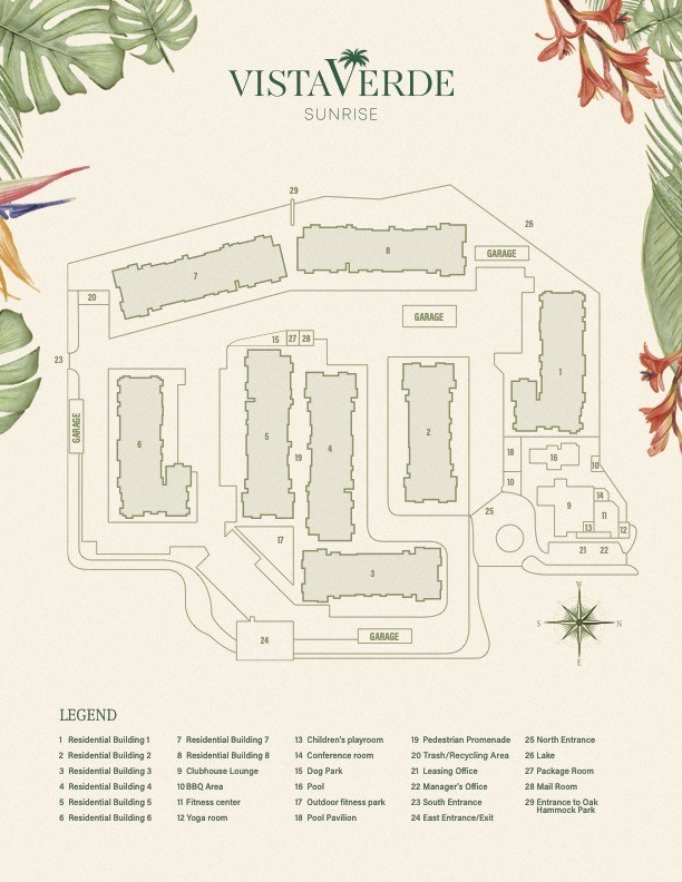 a plan of a building with leaves around it