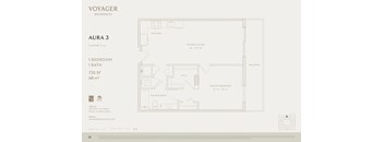 A floor plan for a residence by Voyager Residences shows a 1 bedroom, 1 bathroom apartment.