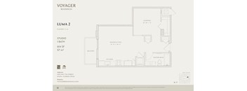 A floor plan for Voyager Residences showing Luma 2 with a studio, bath, dining/living area, kitchen, and master bath.