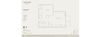 A floor plan for Voyager Residences showing Luma 3 with a studio, bath, dining/living area, kitchen, and master bath.