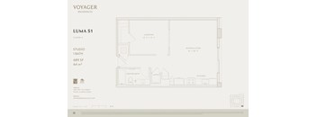 A floor plan for a residence by Voyager Residences shows a studio apartment with a master bath and a kitchen.
