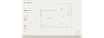 A floor plan for a residence by Voyager Residences shows a studio apartment with a master bath and a balcony.