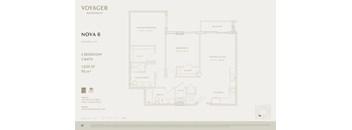 A floor plan for a Voyager Residences property named Nova 6, which includes a master bedroom, two bedrooms, a master bath, a dining/living area, a kitchen, and a closet.