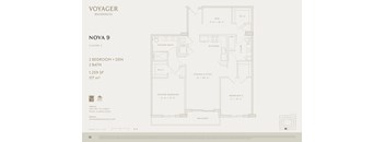 A floor plan for Voyager Residences, labeled as Nova 9, shows a layout with two bedrooms, a den, and a bathroom.