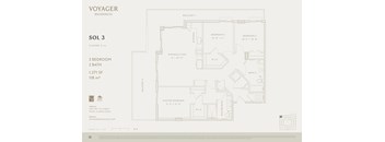 A floor plan for a residence by Voyager Residences shows a layout with three bedrooms and two bathrooms.