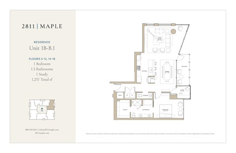 A maple themed floor plan for a residence with a study and 1.257 square feet.