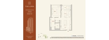 A floor plan for a residence at The Lora shows a 1 bathroom, 1 kitchen, and 2 bedrooms.