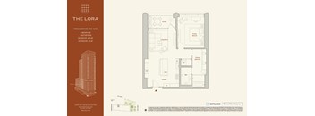 A floor plan for a residence at The Lora shows a 1 bedroom, 1 bathroom interior.