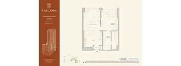 A floor plan for a residence at The Lora showing a living room, dining room, kitchen, and bathrooms.