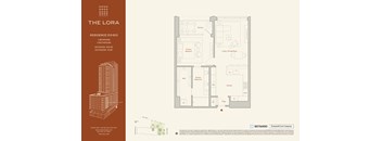 A floor plan for a residence at The Lora showing a 1 bathroom, 1 kitchen, and 2 bedrooms.